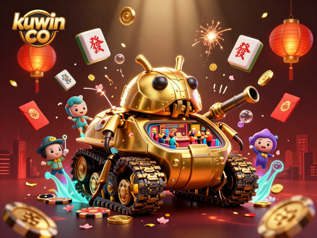 Experience kuwin co's miniature casino in a vibrant 3D illustration bursting with dynamic action and casino elements.