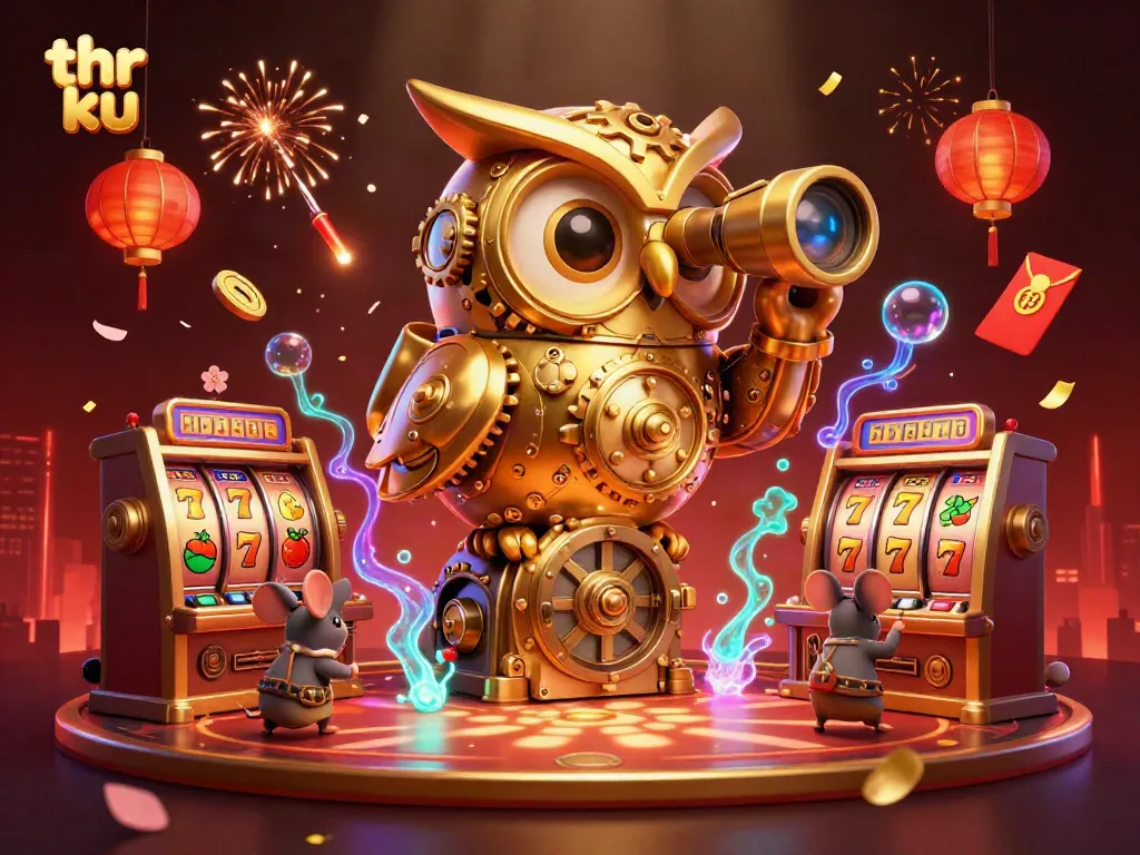 Experience thrilling wins at thr ku casino with a 3D golden owl surveying the vibrant floor.