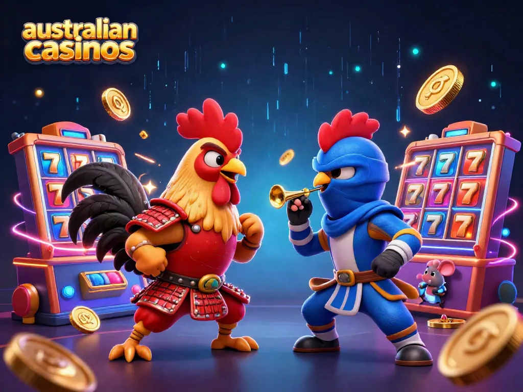 Experience the thrill of australian casinos with intense roosters in combat against a backdrop of vibrant slot elements.