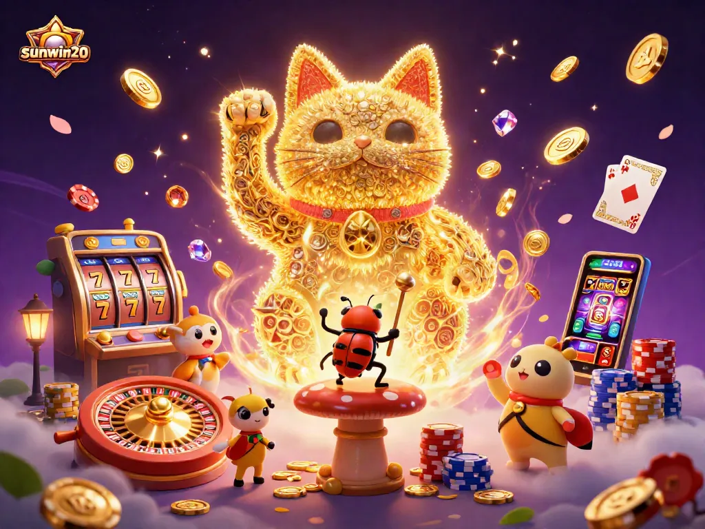 Engage with sunwin20's thrilling casino experience through a vibrant lucky cat illustration.