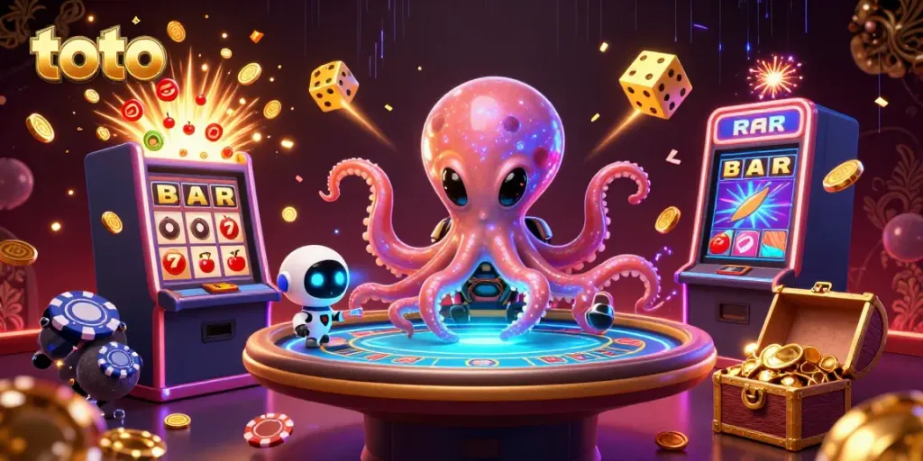 Enjoy thrilling toto gaming action with a vibrant alien octopus at a holographic poker table.