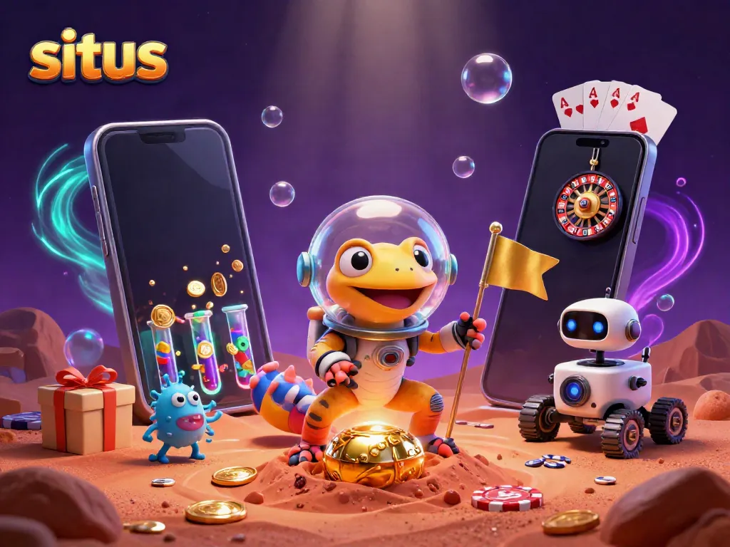 Engaging illustration showcasing a Martian gecko and robot exploring a golden casino while promoting situs gaming elements.