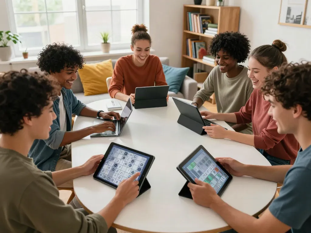 Friends enjoying Sudoku gameplay on various devices in a cozy living room, highlighting the fun and challenge of sudoku.net.