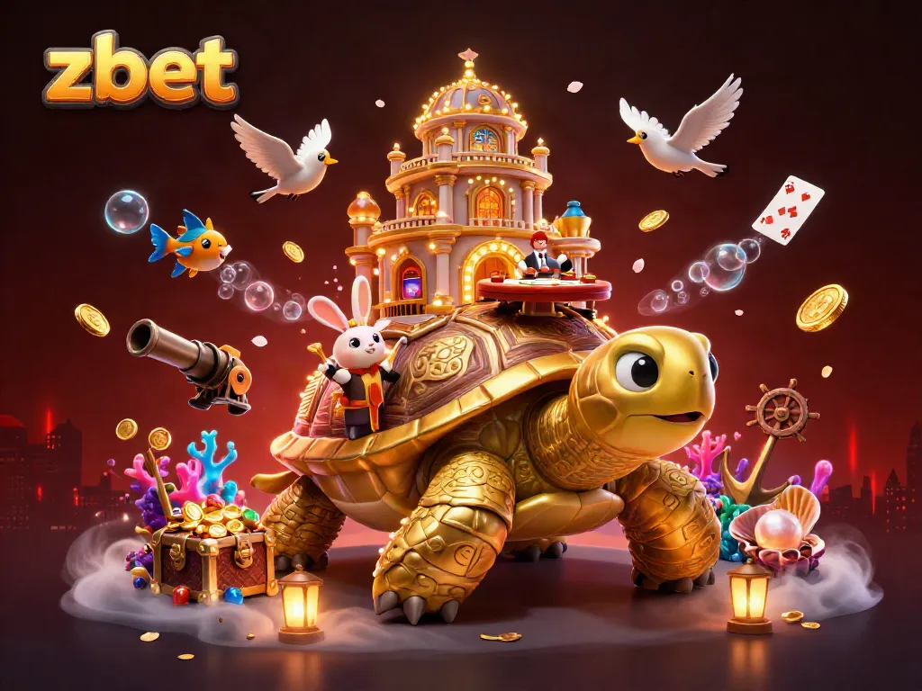 Experience vibrant casino action with zbet's golden tortoise illustration, showcasing exciting gaming elements.