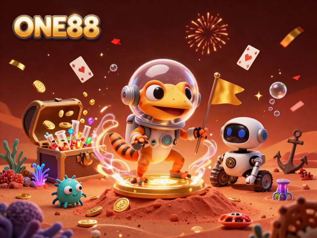 Engaging illustration of ONE88 illustrating a Martian gecko discovering a golden casino amidst vibrant gambling elements.