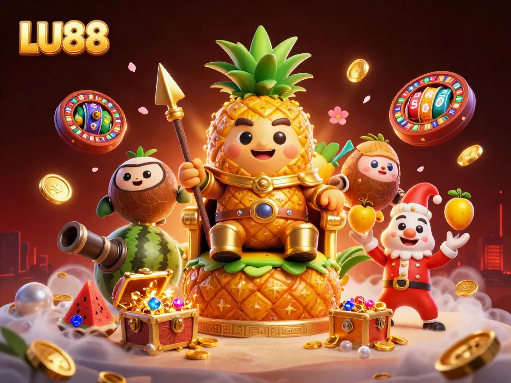 Experience excitement with LU88's vibrant casino scene featuring a pineapple king, gold coins, and slot reels.