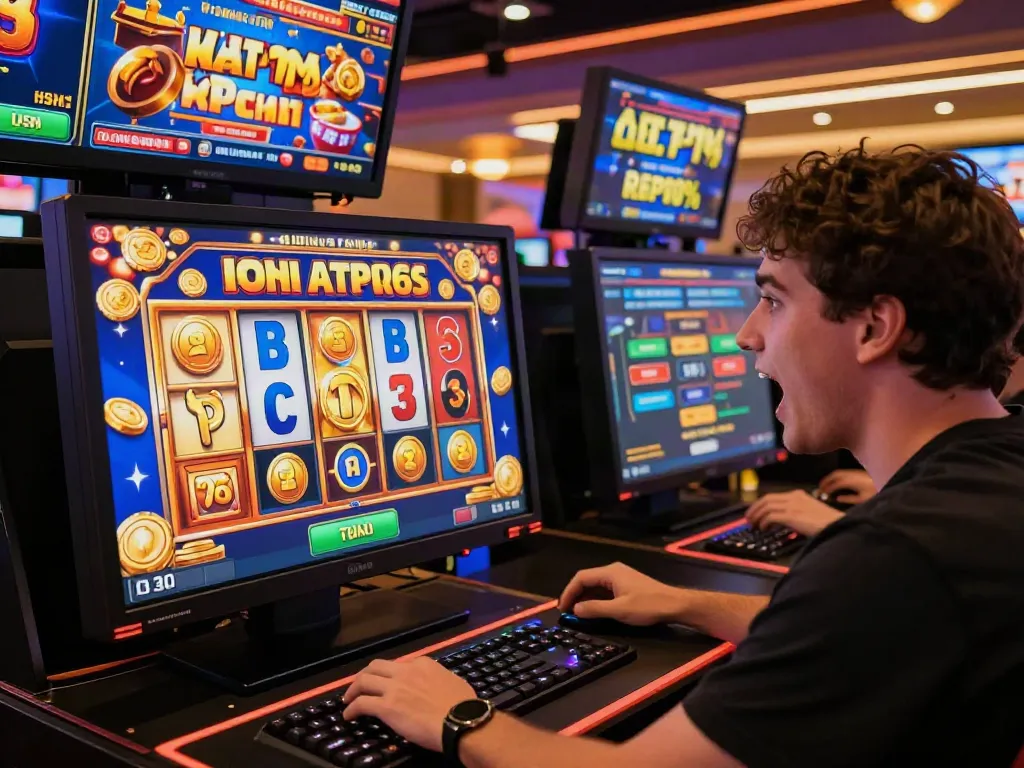 Player enjoying slot gacor maxwin game on computer, surrounded by vibrant game graphics and bonus features.