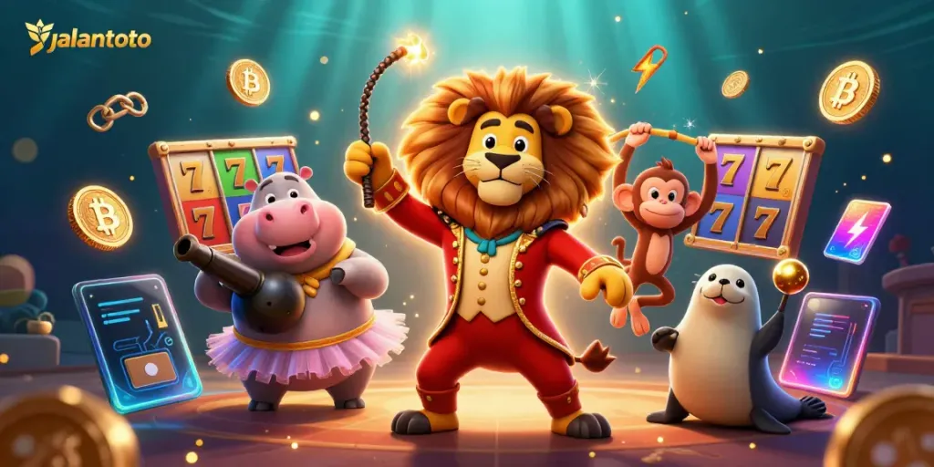Permainan menarik di jalantoto dengan karakter sirkus yang penuh warna dan simbol jackpot.