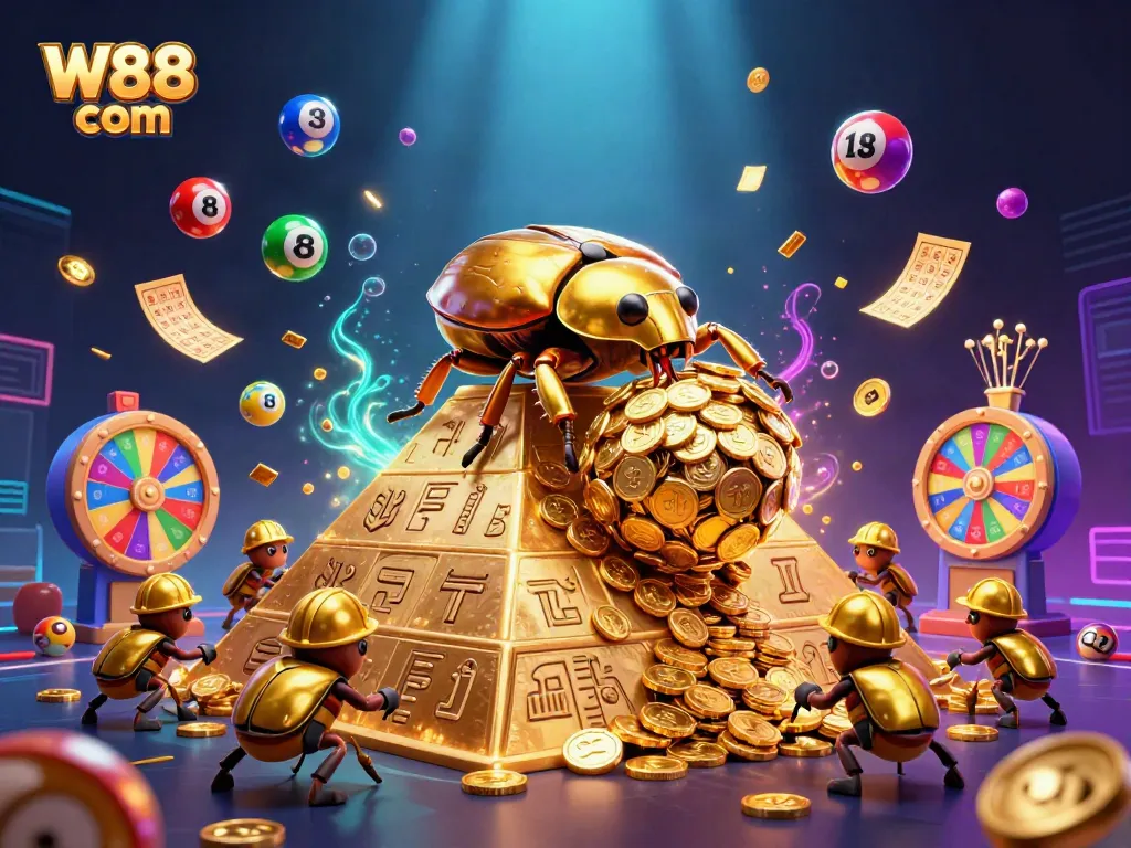 Join the exciting gameplay at W88 com with a vibrant scene of golden beetles and dynamic lottery elements.