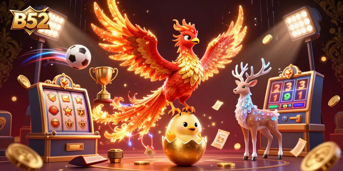 Play thrilling slots and win with B52 in an action-packed casino scene featuring mythical creatures and sports!