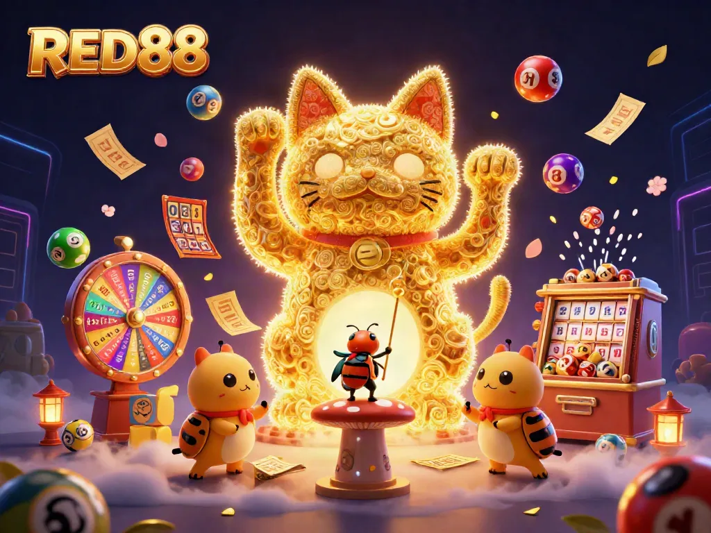 Experience the excitement of RED88 with a whimsical lucky cat and dynamic casino elements.