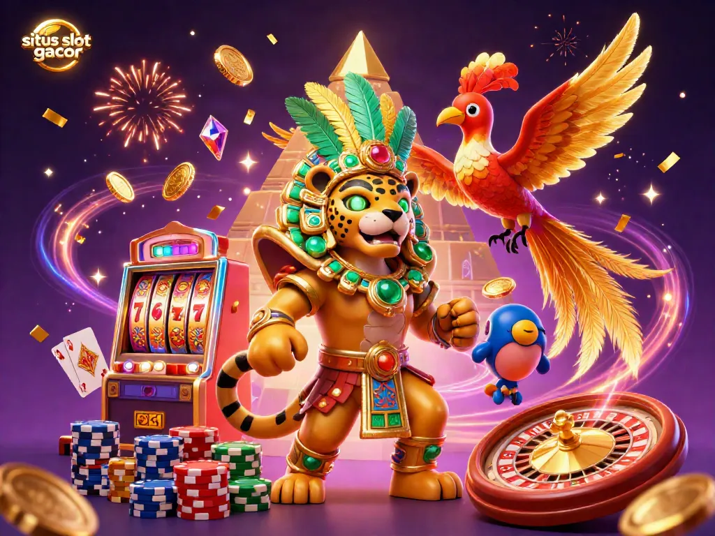 Experience thrilling casino excitement with situs slot gacor as a Mayan priest and quetzal bird amidst cascading gold coins.