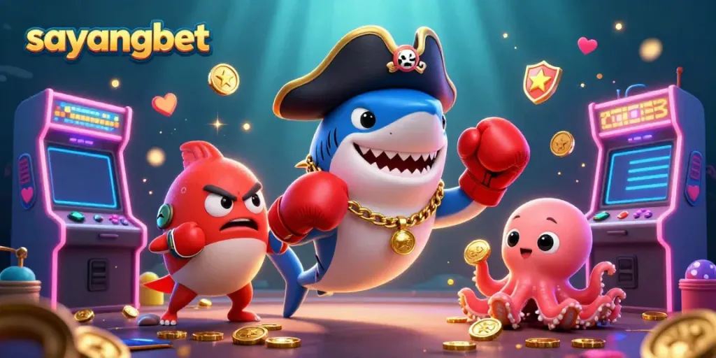 Experience thrilling gameplay with sayangbet in this vibrant casino scene featuring charming characters and rich gaming elements.