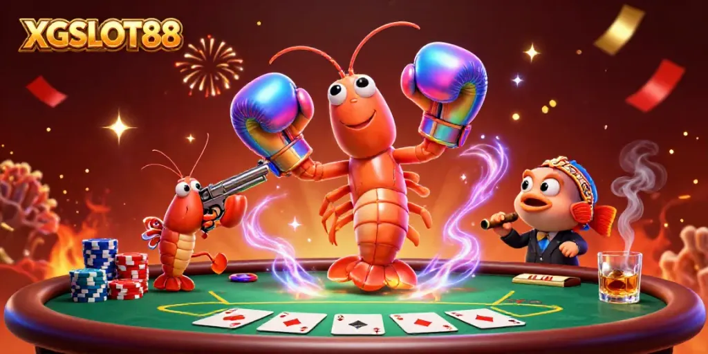XGSLOT88 menampilkan mantis udang dan teman-teman di meja poker, penuh dengan suasana kemenangan.