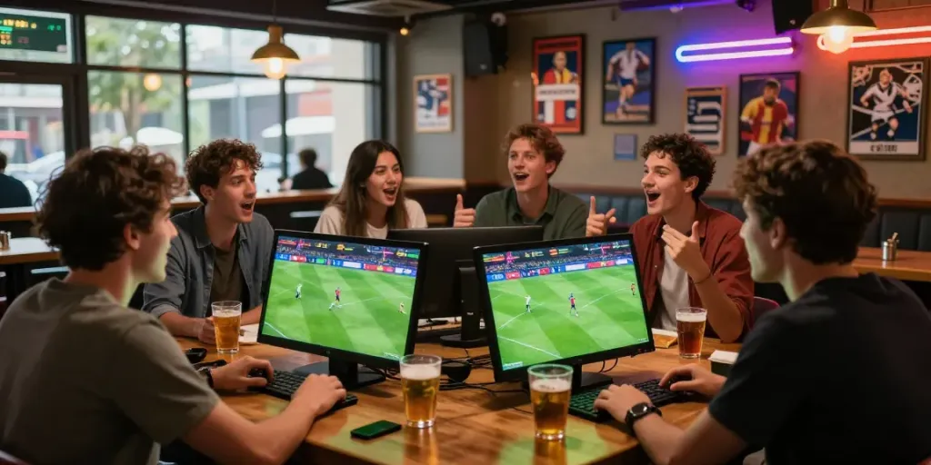 Exciting view of friends enjoying soccer betting while watching a live match at a sports bar, engaging in the action of Taruhan Bola DewaGG.