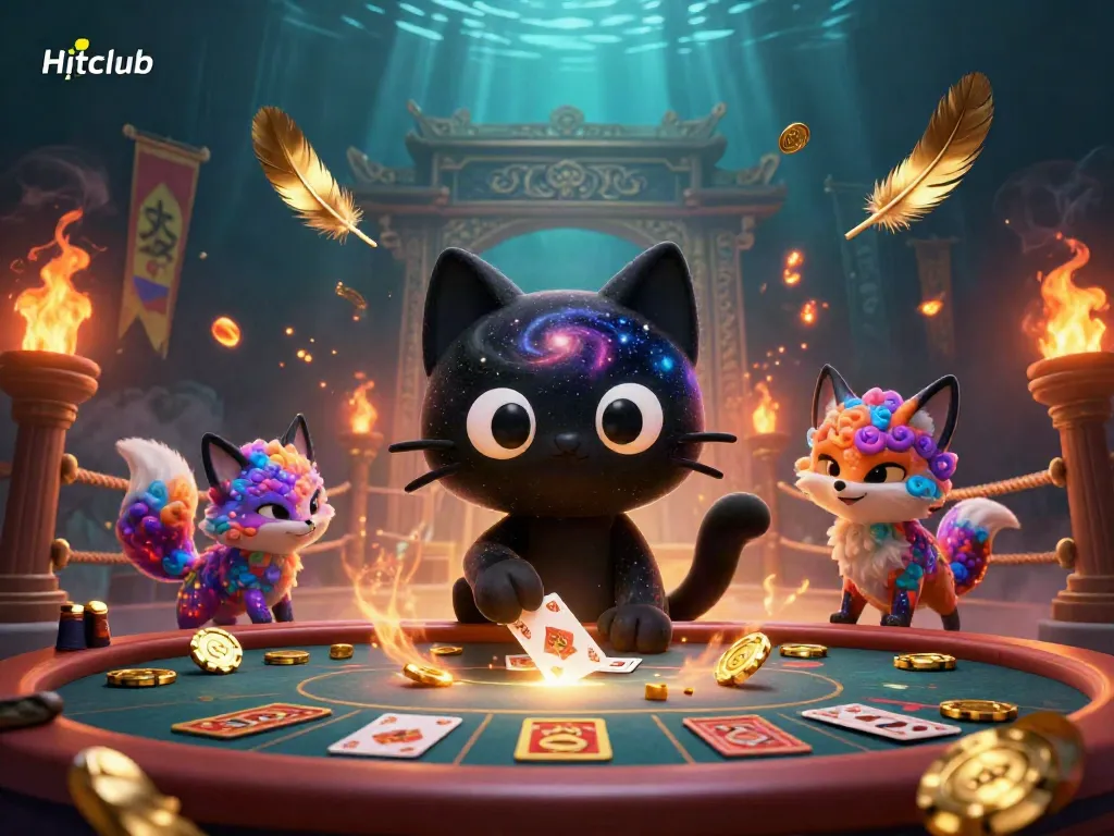 Engage in thrilling gaming at Hitclub with a vibrant cosmic casino scene showcasing a black hole cat and a nebula fox.