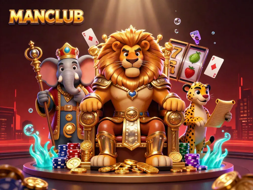 Experience the excitement of MANCLUB with a vibrant casino scene featuring a lion king amidst slot reels and poker elements.