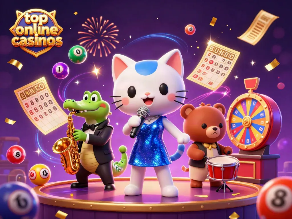 Engage with top online casinos: a vibrant 3D scene showcasing lively characters and casino elements.