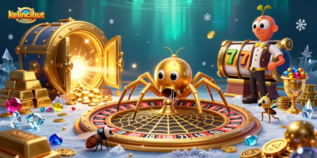 Kelincilaut's vibrant casino scene showcases a massive roulette wheel web with exciting game elements.