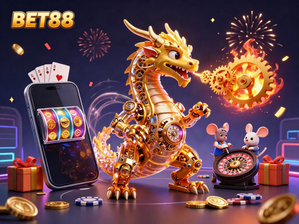 BET88 tạo ra không khí phấn khích với rồng vàng cơ khí và trò chơi slot hấp dẫn.
