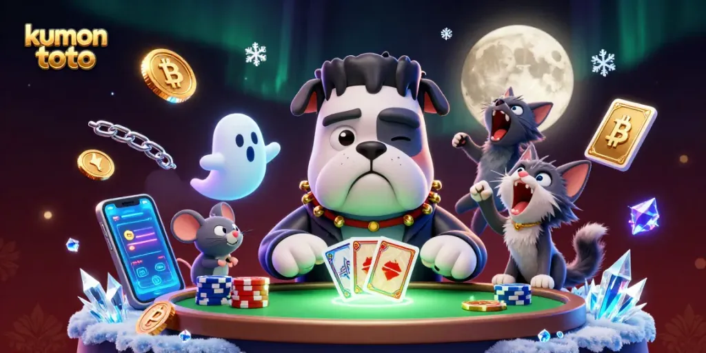 Kumon toto players engage with a whimsical 3D casino scene featuring animated monsters and crypto elements.
