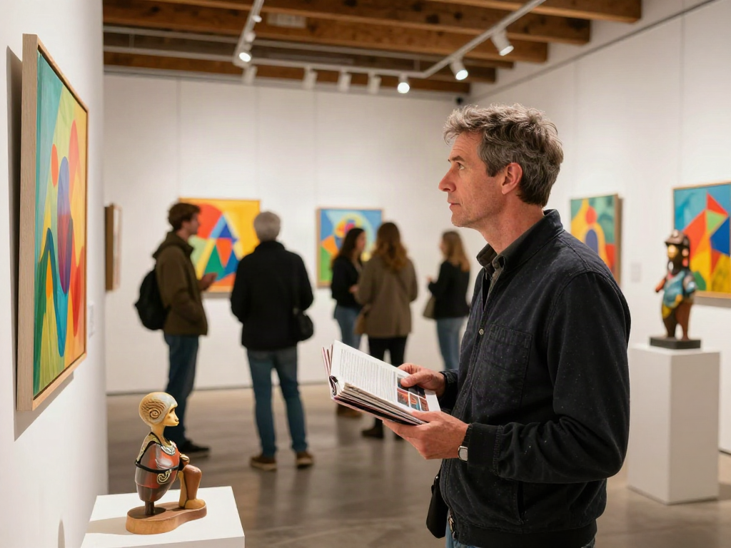 Bruce Bailey Toronto appreciating contemporary art in a lively gallery setting.