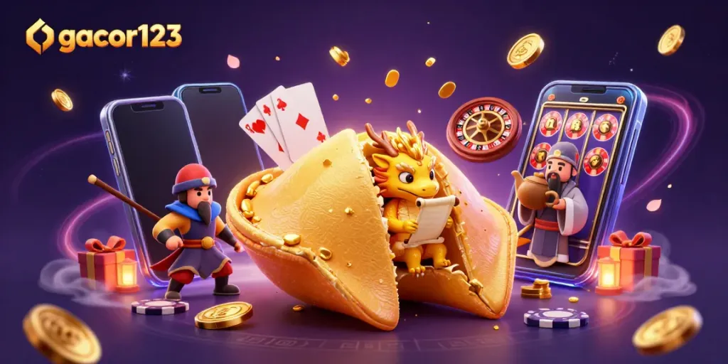 Experience the excitement of gacor123 with a vibrant casino-themed illustration showcasing lively characters and dynamic gaming elements.