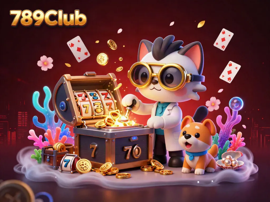 Engaging 3D scene showcasing 789Club with a mad scientist cat and loyal dog in a thrilling casino atmosphere.