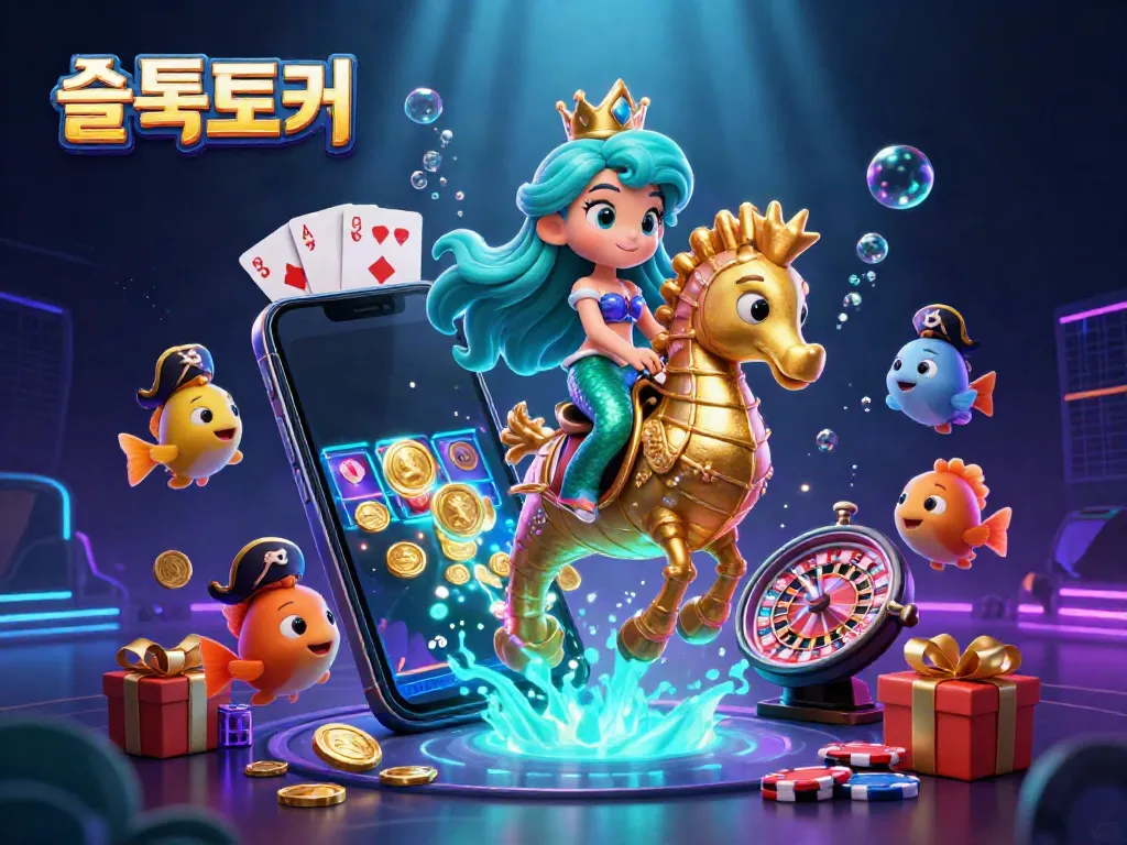 Engaging scene showcasing 슬롯토커 with a mermaid princess, vibrant slot game elements, and underwater glow effects.