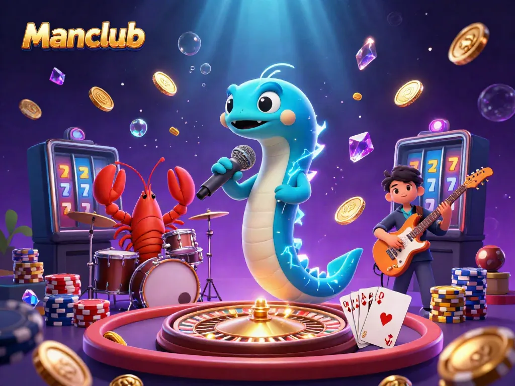 Manclub's electric eel DJ energizes an underwater casino stage surrounded by lively game elements.