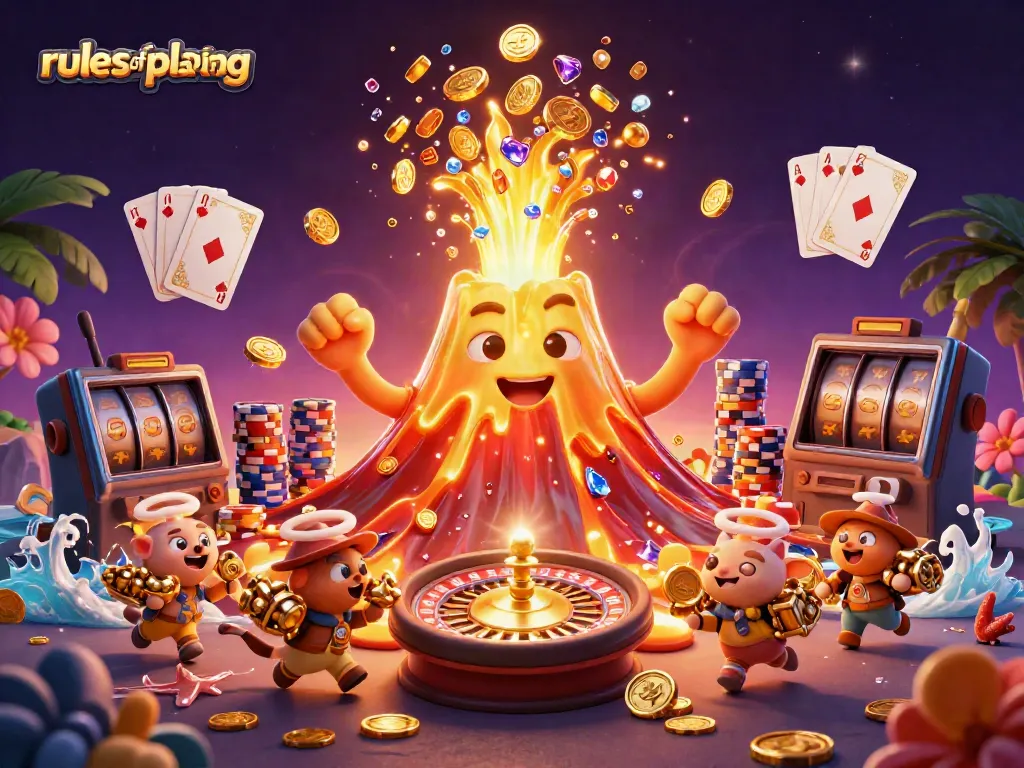 Experience winning moments with rulesofplaying as a golden volcano erupts treasures in a vibrant casino scene.