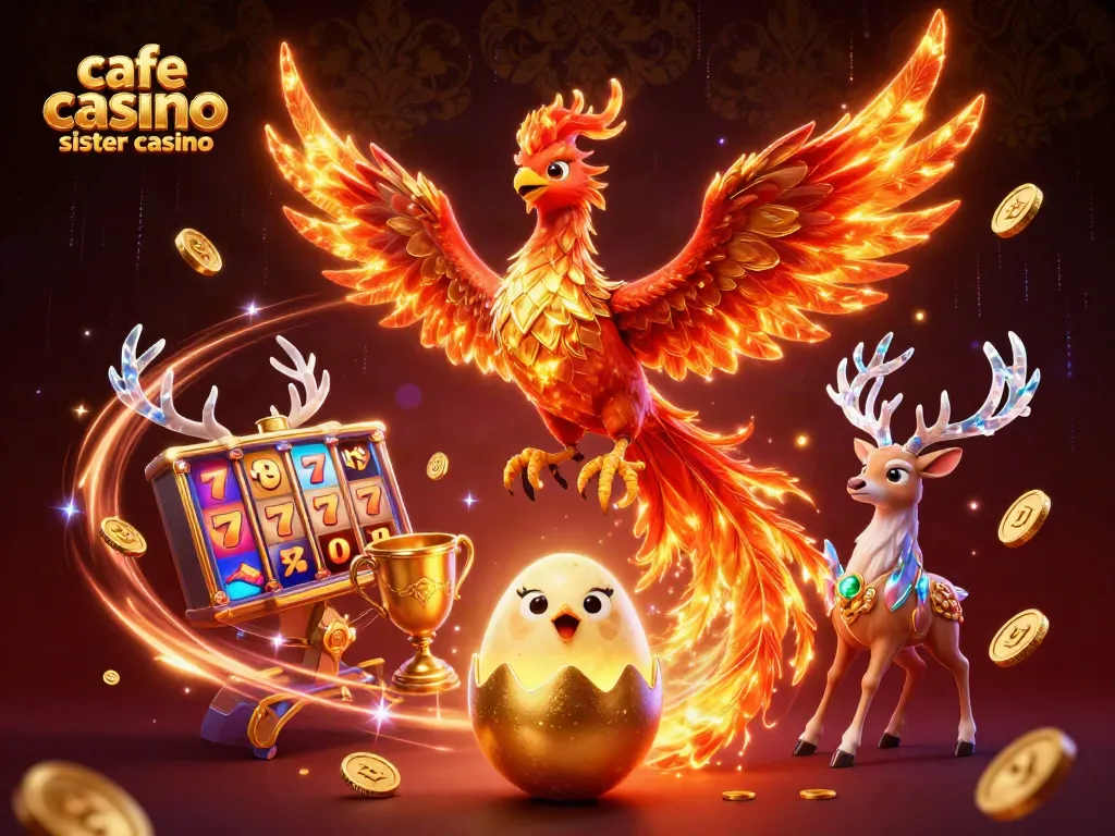 Café Casino Sister Casino showcases a thrilling illustration of a fiery phoenix and baby phoenix amidst casino excitement, highlighting slot reels and golden coins.