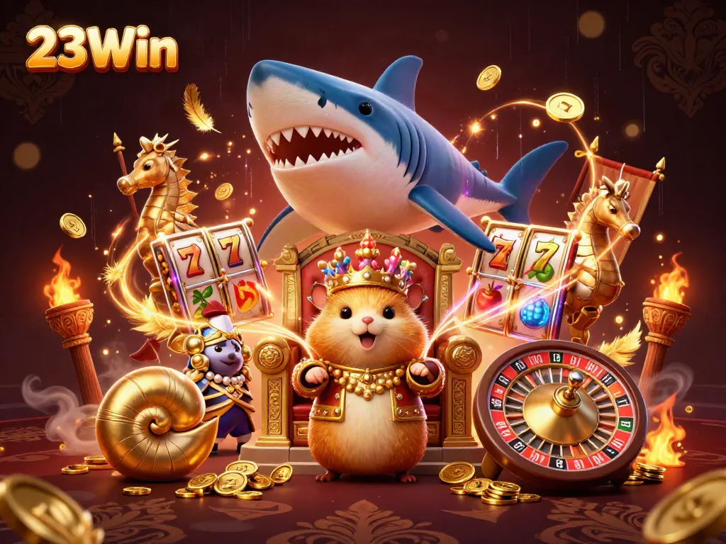 Engage with thrilling slot reels and roulette at 23Win, featuring a vibrant 3D casino scene.