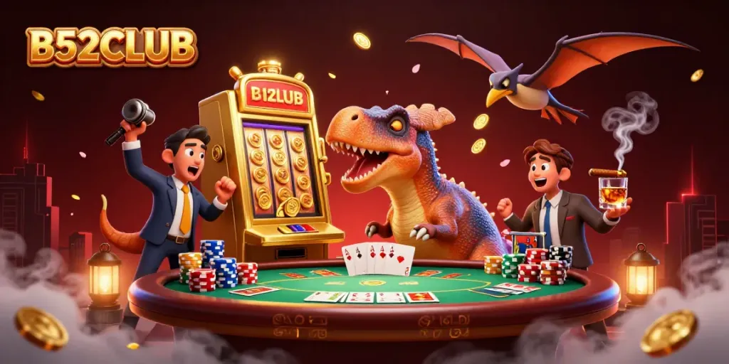 B52CLUB pachycephalosaurus celebrating jackpot wins with golden coins in a vibrant casino scene
