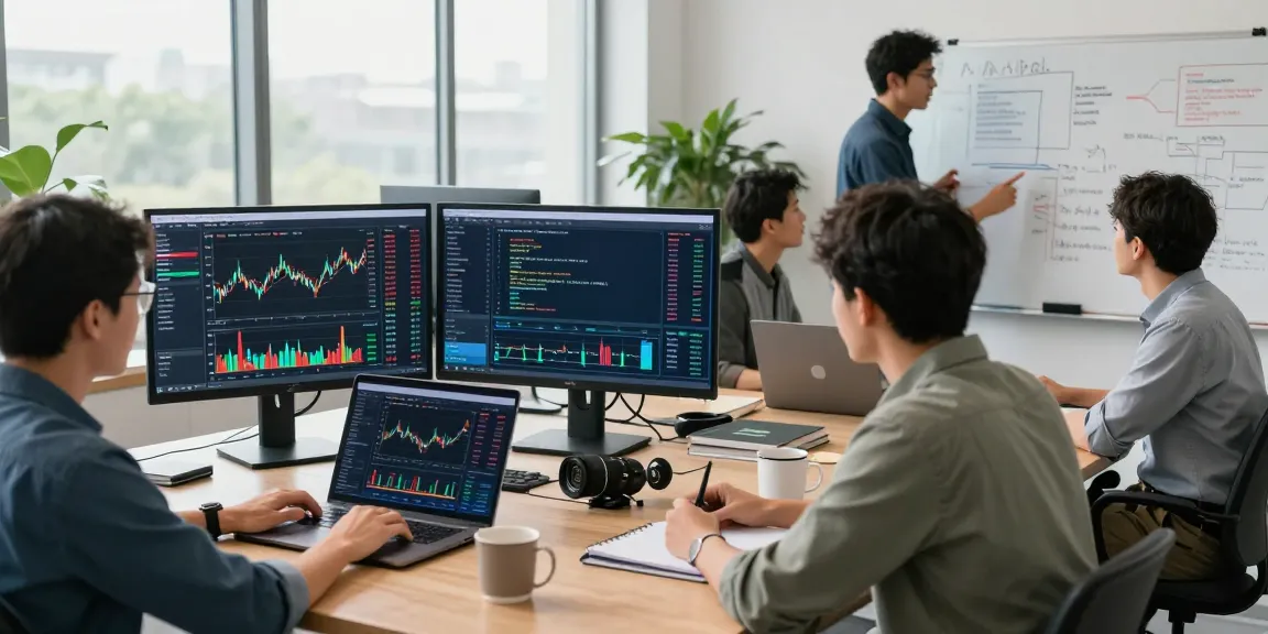 Developers collaborating with a US stock tick data API at a modern trading platform workspace, showcasing multiple screens with market data.