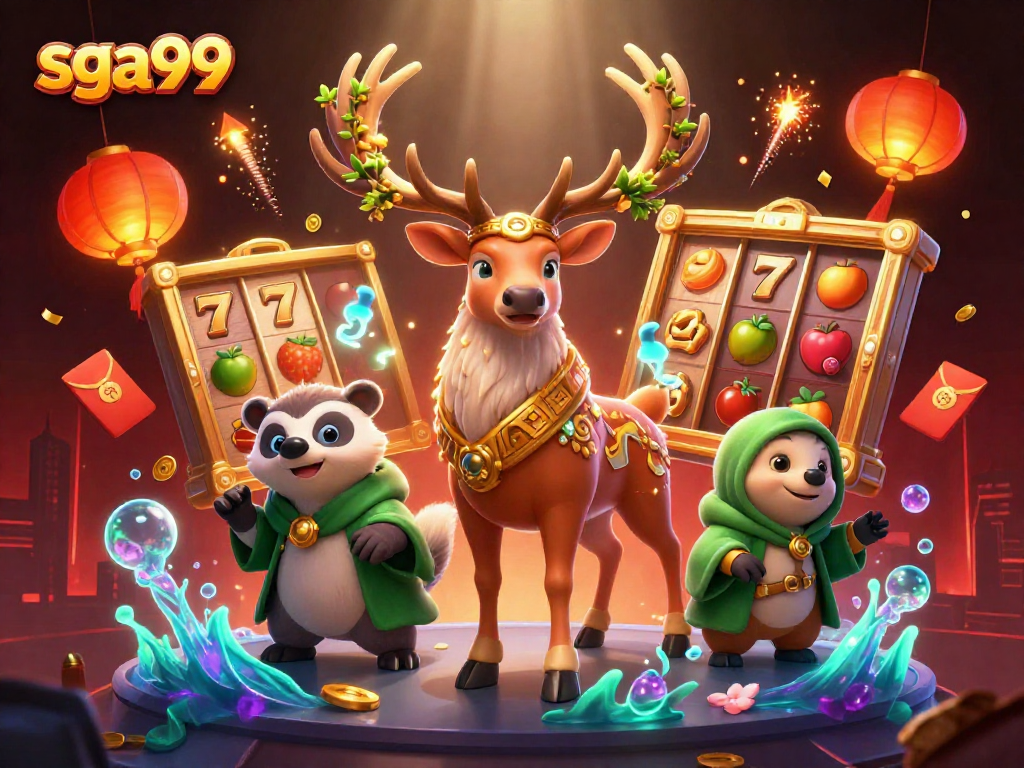 Play slots with sga99 in a vibrant 3D scene featuring fantasy characters and casino elements.