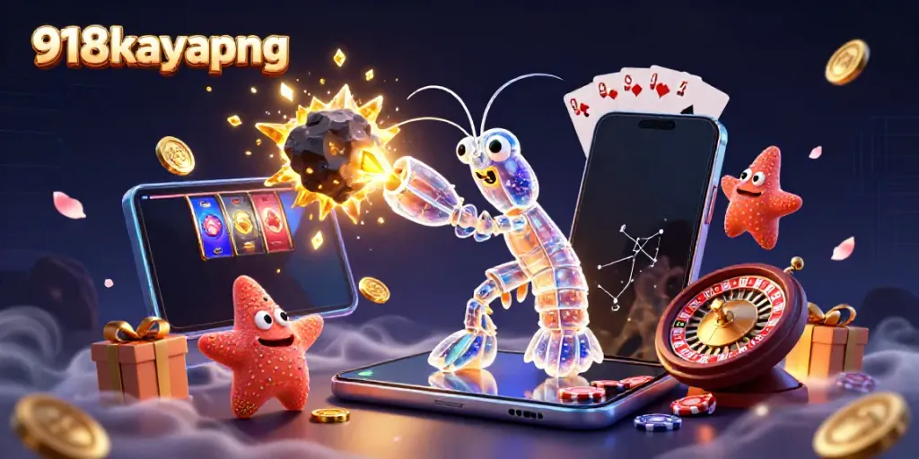 Experience the thrill of 918kayapng with a 3D galactic samurai mantis shrimp unleashing a jackpot of coins and gems.