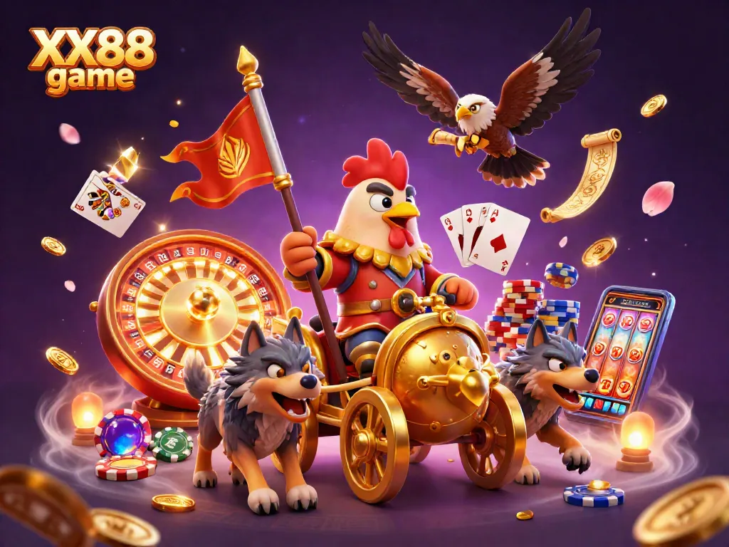 Experience excitement with the XX88 game, featuring a vibrant and dynamic 3D casino illustration.