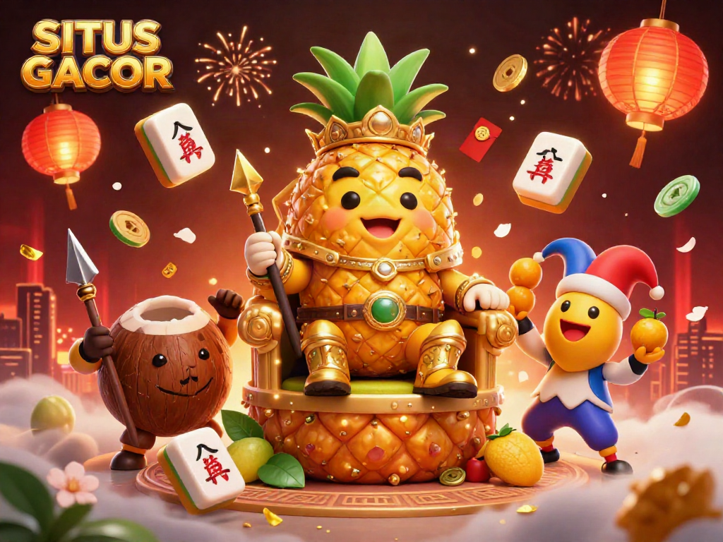 SITUS GACOR illustration depicting a golden pineapple king and vibrant casino elements promoting top slot games.