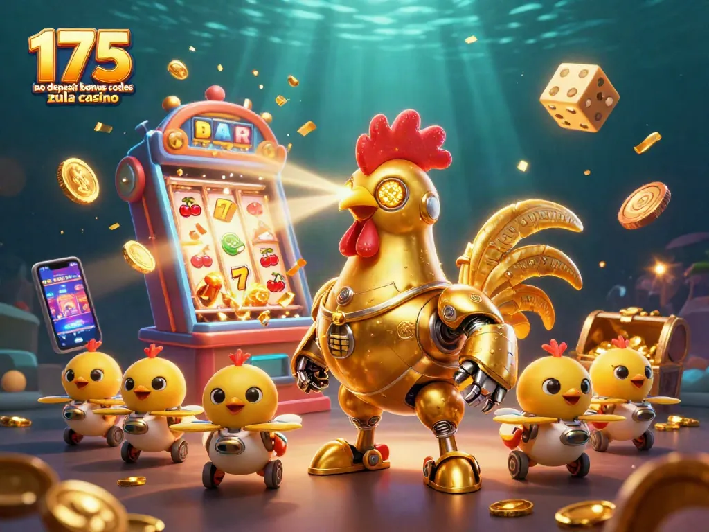 Experience the excitement of 175 no deposit bonus codes zula casino with a vibrant, dynamic illustration featuring a golden rooster robot and game symbols.