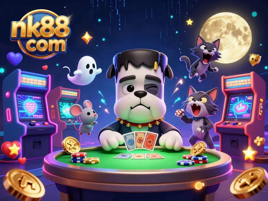 Engage in thrilling moments with nk88 com, featuring a Frankenstein bulldog at a lively card table surrounded by casino action.