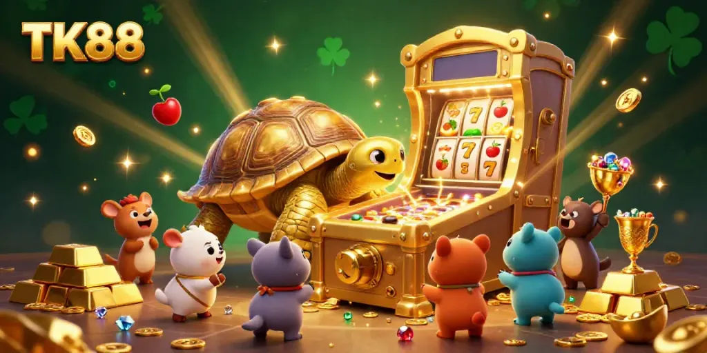 Engage with TK88's vibrant casino vibes featuring a golden tortoise pinball machine and slot reels.