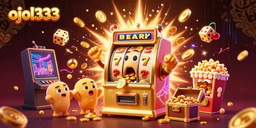 Spin the reels with ojol333 as the golden slot machine hits jackpot, surrounded by cheering friends.