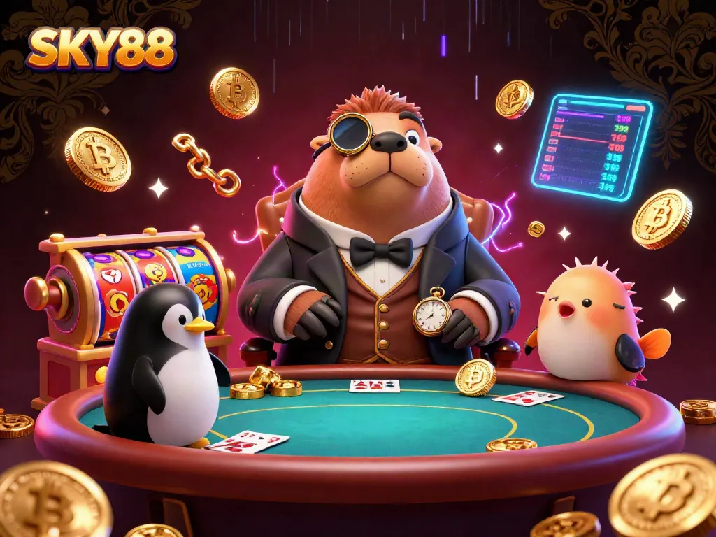 Experience thrilling gambling with SKY88's vibrant underwater casino scene featuring a jolly walrus, elegant dealer, and adding excitement to your bets.