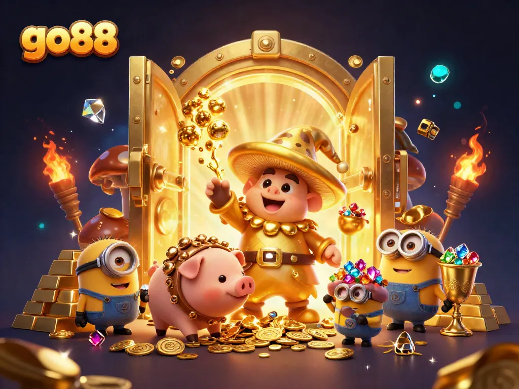 Transform your play experience with go88's vibrant casino atmosphere showcasing magical golden elements and characters.