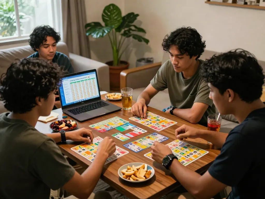 Friends enjoying a TOTO lottery game with harga toto results displayed on a laptop.