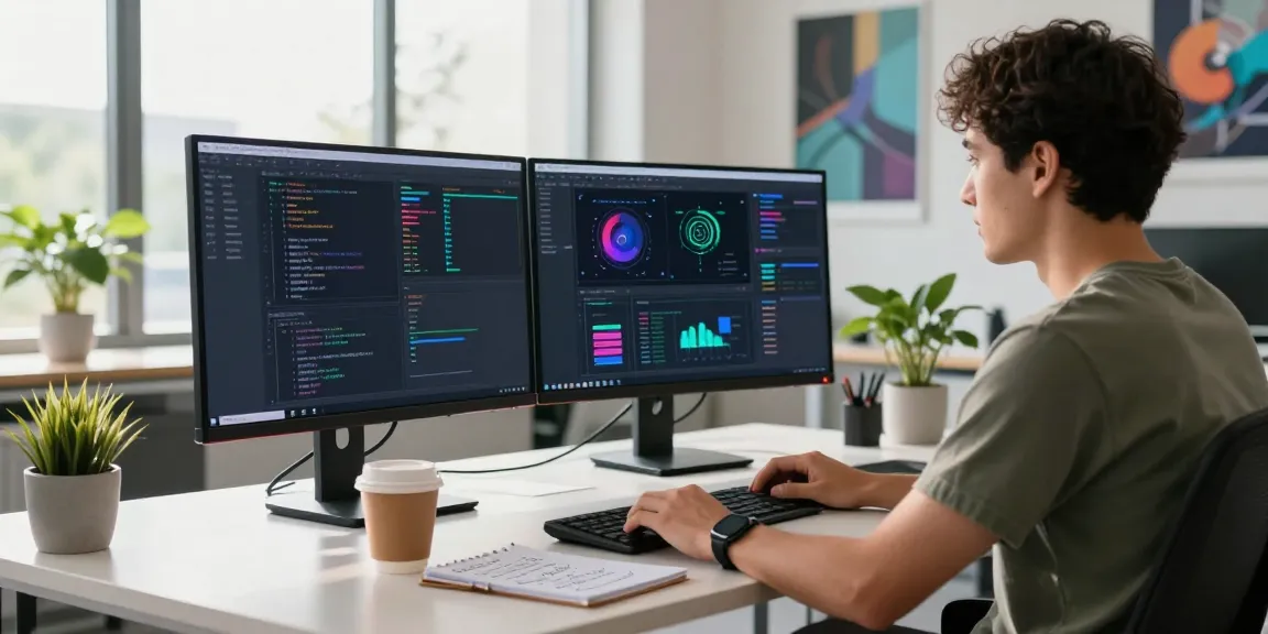 Bedfordsocialclub.com tech workspace with a developer at dual monitors, showcasing AI analytics in a modern office.