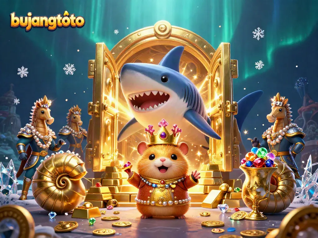 Experience the excitement of bujangtoto with a golden hamster king and treasure in a vibrant 3D scene.