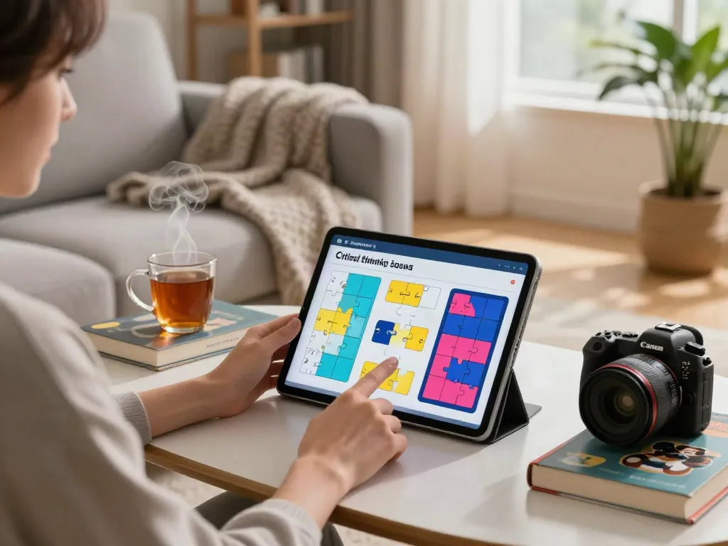 Person solving puzzles on logikra.net's tablet in a cozy living room.