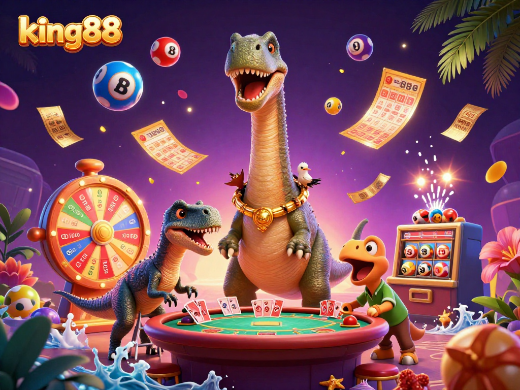Experience king88's thrilling casino atmosphere with a vibrant 3D illustration embracing dynamic gaming elements.